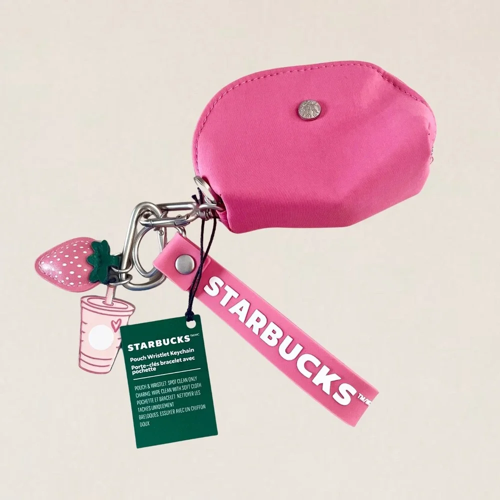 Starbucks Pink Drink Keychain Pouch & Charms Hot Pink Nylon Wristlet Limited Ed